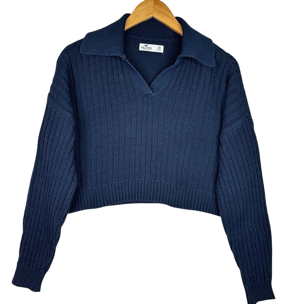Hollister Y2K Easy Stitchy Polo Sweater Blue Cable Knit Cropped‎ Oversized